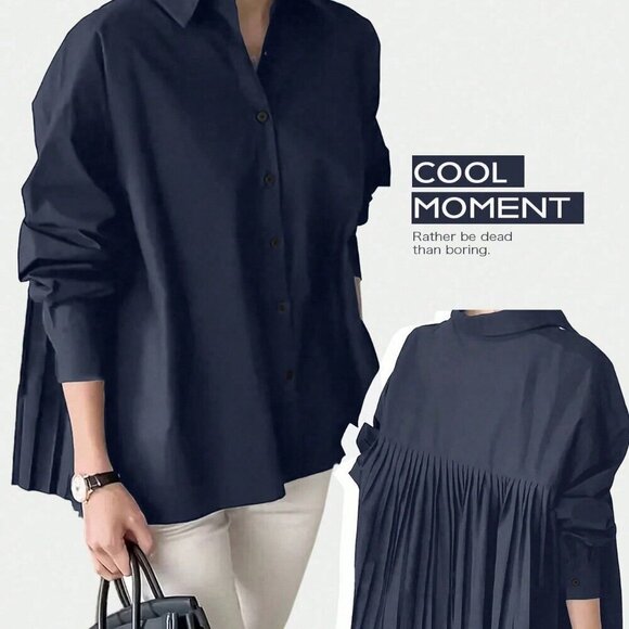 Navy Blue Casual Women's Loose Pleated Oversize Elegant Long-sleeved shirt - Picture 3 of 3